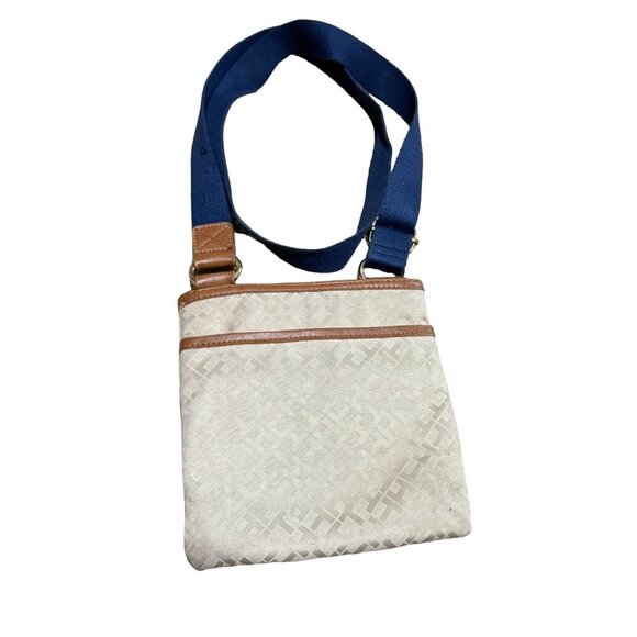 Y2K Tommy Hilfiger Crossbody Purse Handbag Bag Tan Blue Strap 8"X 7.5" - Picture 2 of 3